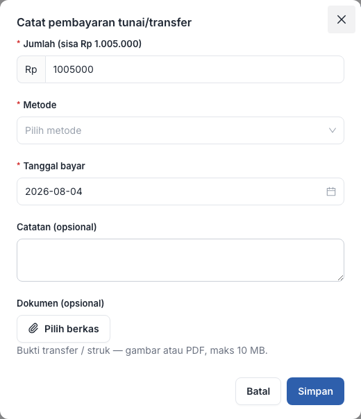 Form pencatatan pembayaran. Jumlah sudah terisi sebesar sisa tagihan.